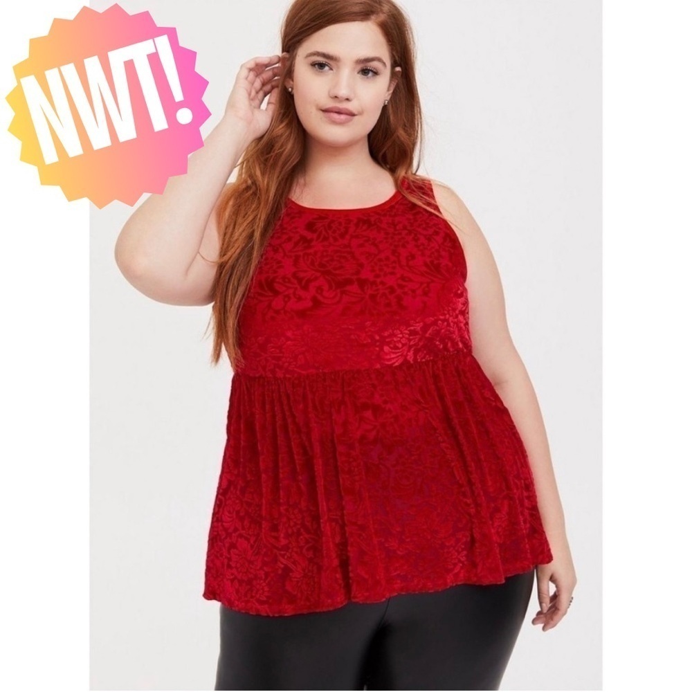 A009 Torrid Velvet Burnout Peplum Top - Blood Red